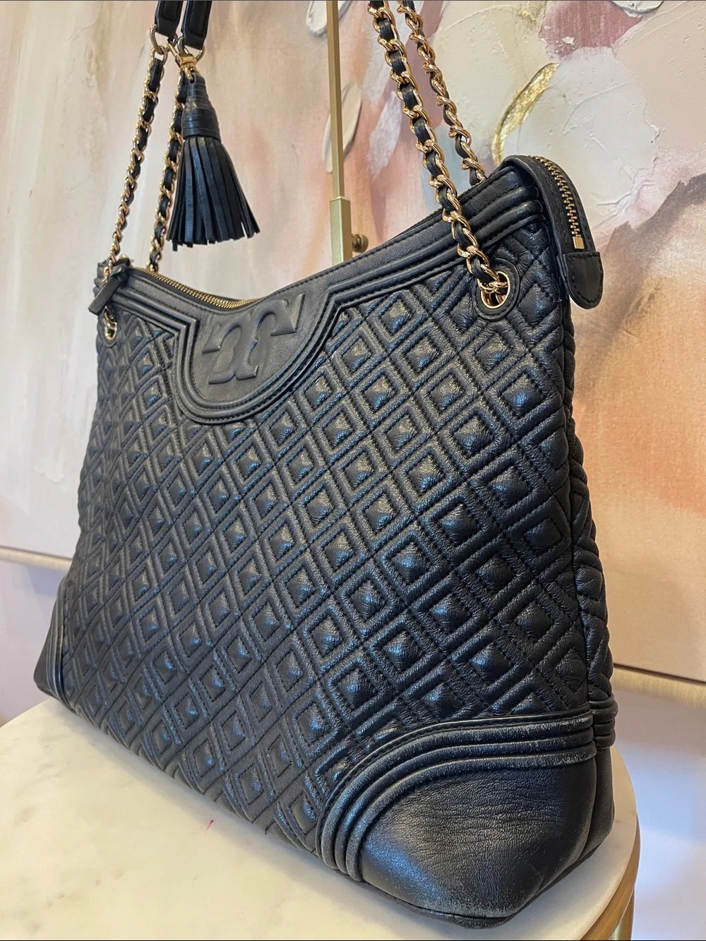 Tory Burch Black Quilted Leather Chain Shoulder Bag with Tassel